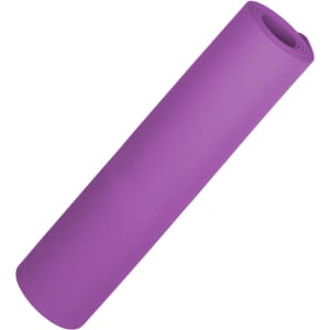 A rolled purple Premium TPE Yoga Mat, featuring a smooth surface and a branding logo.