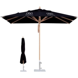 A 2x2m wind-resistant square outdoor umbrella in black with a wooden frame and a base, displayed alongside a folded version.