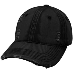 A vintage black baseball cap with distressed detailing and a curved brim, featuring a logo on the front.