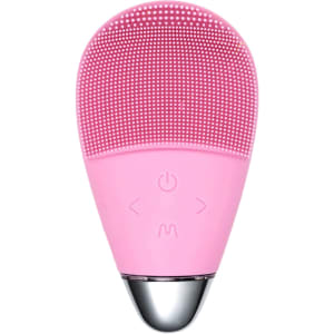 A pink silicone facial cleansing brush with textured surface and control buttons, featuring a metallic base.