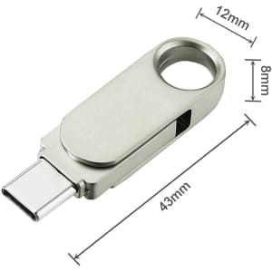 A silver Type-C flash drive with a swivel design, measuring 43mm x 12mm x 8mm, featuring a logo.
