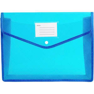 A turquoise expanding document folder with a blue border and a clear label area. It features a button closure and has a logo.