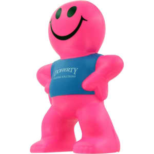 A pink stress reliever in the shape of a smiling man with a blue shirt featuring a logo.