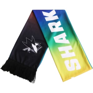 A recycled mesh fabric scarf featuring a gradient of blue, green, and yellow with a logo and fringed ends.