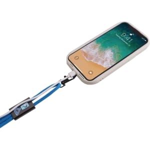 An adjustable phone lanyard in blue, featuring a metal buckle and attached to a phone with a beach wallpaper.