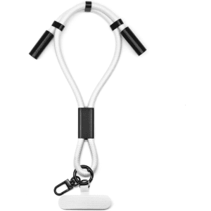 A white charging phone strap with black connectors and a clip attachment at the bottom.