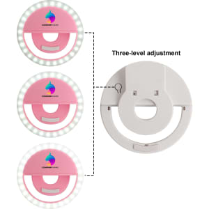 A pink ring selfie light with three-level brightness adjustment and a back attachment for smartphones.