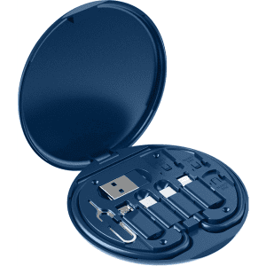 A circular navy blue kit contains various cables and a USB drive, arranged neatly inside a compact case.