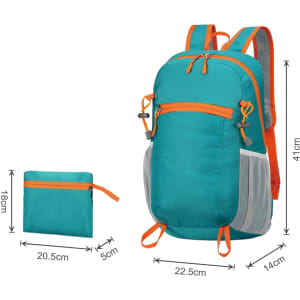 A packable hiking backpack in teal and orange, with multiple compartments and a foldable design for easy storage.