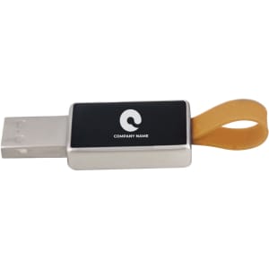 A silver and black flash drive with a yellow strap and a logo on its surface.