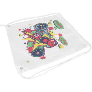 A white drawstring cotton bag featuring a colourful graphic design and a logo.