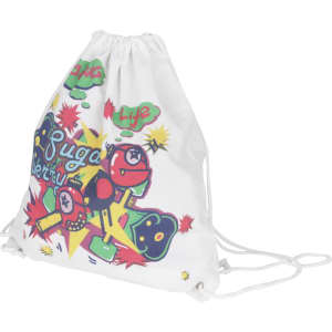 A white drawstring cotton bag featuring colourful graphics and a logo.