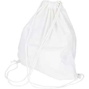 A white drawstring cotton bag with a gathered top and adjustable cords, featuring a logo.