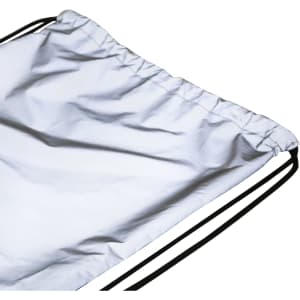 A reflective drawstring bag in silver with black drawstrings, featuring a simple design and no visible logos.