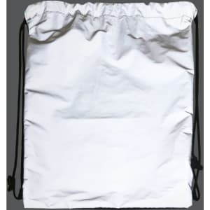 A reflective drawstring bag in white with black cords, featuring a simple design and a logo.