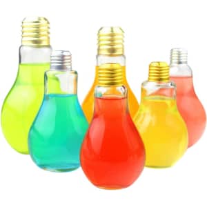 A drink bottle collection featuring six bulb-shaped plastic bottles in vibrant colours: green, blue, orange, and yellow, with metallic caps.