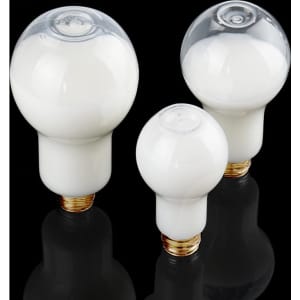 A drink bottle in a bulb shape, featuring a white body and a clear top, with a logo present.