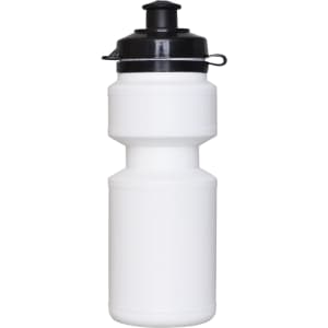A drink bottle in white with a black flip-top lid and a secure cap, featuring a simple design.