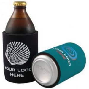 A drink bottle in a black stubby holder next to a can in a teal stubby holder, both featuring logos.