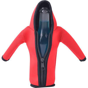 A drink bottle dressed in a red hooded cooler with black accents and a zipper. The product features a logo.