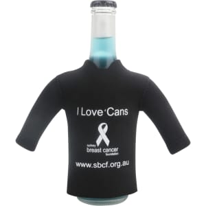 A drink bottle dressed in a black long sleeve cooler featuring a logo and text.