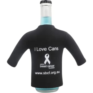 A drink bottle with a black long sleeve cooler featuring a logo and the text "I Love Cans".