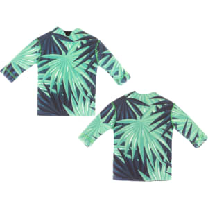 A drink bottle cooler in green tropical leaf design with long sleeves. Features a logo on one side.