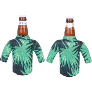 A drink bottle cooler in green with a palm leaf pattern, featuring long sleeves. It has a logo on it.