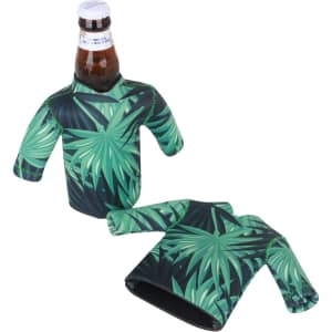 A drink bottle cooler in green with a tropical leaf design, featuring long sleeves and a logo.