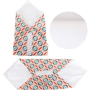 A reusable food wrap featuring a vibrant pattern in coral, teal, and grey colours, with a white backing.