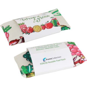 A reusable food wrap featuring a colourful design with fruits and vegetables, packaged with a branded label.