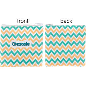 A reusable food pouch with a zipper closure, featuring a chevron pattern in teal, yellow, and white, with a logo.