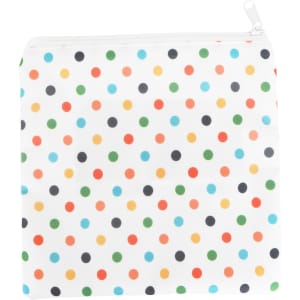 A reusable food pouch with a zipper closure, featuring a white background adorned with multi-coloured polka dots.