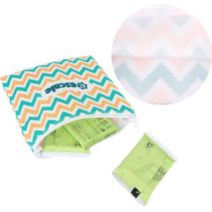 A reusable food pouch with a zipper closure, featuring a chevron pattern in teal, orange, and white, containing snacks.