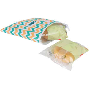 A reusable food pouch with a zip closure, featuring a chevron pattern in orange, teal, and white, holding snacks.