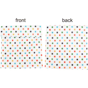 A reusable food pouch with a Velcro closure, featuring a polka dot pattern in various colours on both sides.