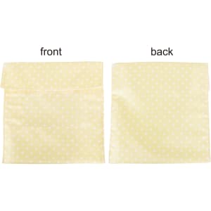 A reusable food pouch in yellow with white polka dots and a Velcro closure, featuring front and back views.