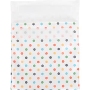 A reusable food pouch featuring a white background with multi-coloured polka dots and a Velcro closure.