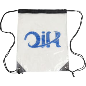 A clear PVC drawstring bag with a black top and logo, featuring two black cords for carrying.