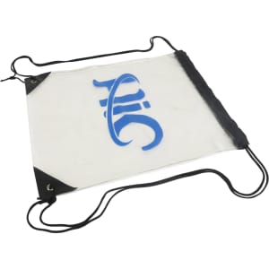A clear PVC drawstring bag with black corners and a logo on one side.
