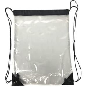 A clear PVC drawstring bag with black accents and adjustable straps. Features a simple design and a logo.