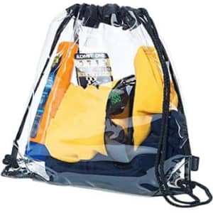 A clear PVC drawstring bag containing various items, including yellow and navy clothing, with a black drawstring and branding.