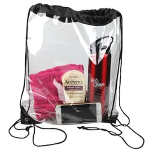 A clear PVC drawstring bag containing a drink bottle, towel, phone, and skincare product, with black accents.