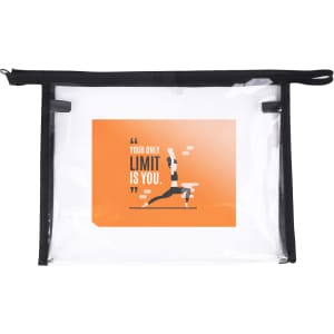 A clear PVC cosmetic bag with a black zipper and an orange graphic featuring a fitness theme.