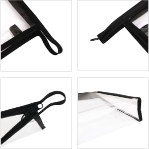 A transparent PVC cosmetic bag with a black zipper and handles, featuring a simple and sleek design.