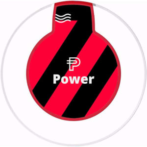 A round wireless charger in red and black with a logo and lines indicating charging functionality.
