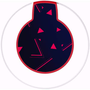 A wireless charger with a round shape featuring a navy background and vibrant red geometric patterns. It has a logo.
