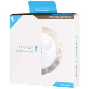 A wireless charger in a sleek, clear design with a blue and white box featuring a logo.