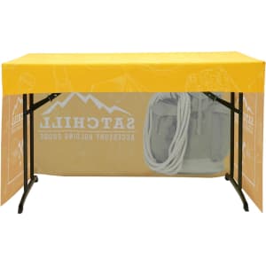 A yellow 3-side fitted table cloth for an 8ft table, featuring a logo and a grey backpack beside it.