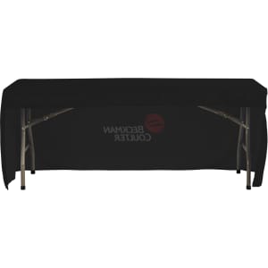 A black 3-side fitted tablecloth designed for an 8ft table, featuring a logo on one side.